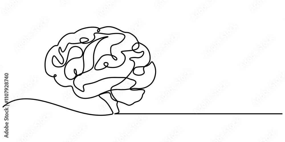 Poster continuous one line drawing of human brain hand drawn minimalism style isolated on white background,