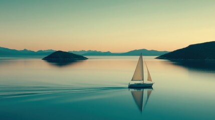 Naklejka premium A serene sailboat glides across calm waters at sunset, surrounded by tranquil islands, AI