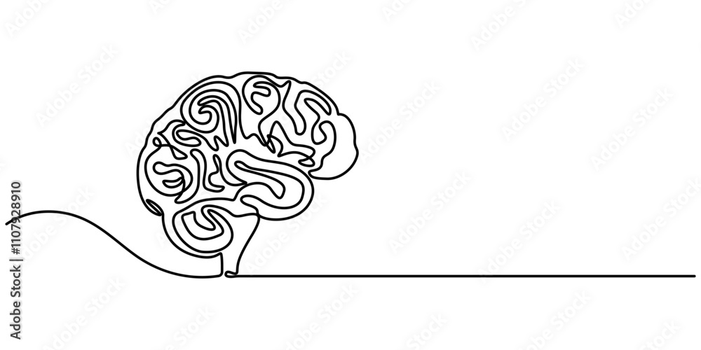 Poster continuous one line drawing of human brain hand drawn minimalism style isolated on white background,