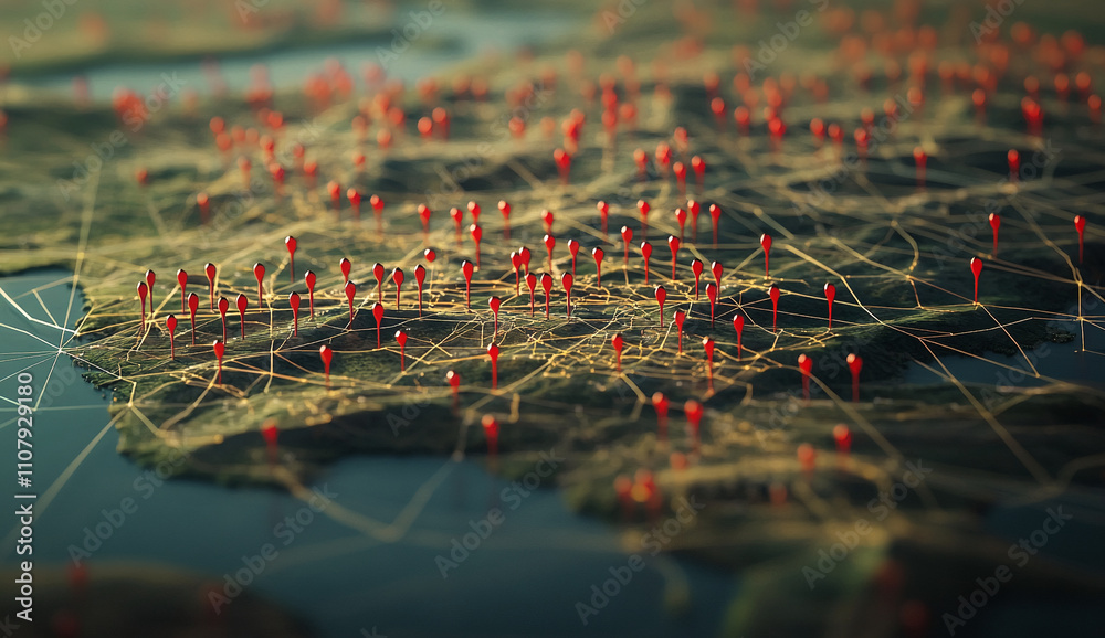 Aufkleber visualization of location data with red pins on a map highlighting various points of interest and co