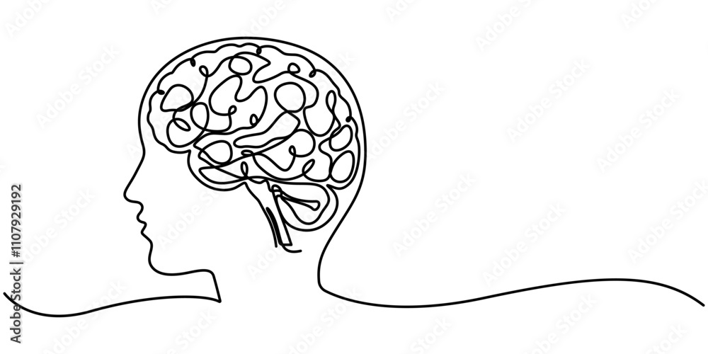 Poster continuous one line drawing of human brain hand drawn minimalism style isolated on white background,