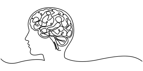 Continuous one line drawing of human brain hand drawn minimalism style isolated on white background, Continuous one line drawing of human brain. Hand drawn minimalism style. brain line art vector. 
