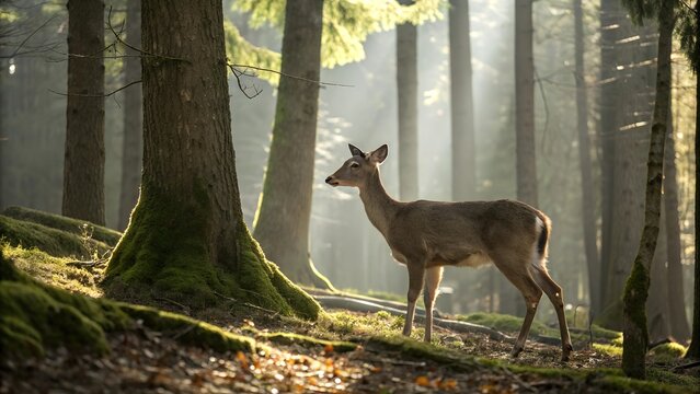 Young American white-tailed deer in the forest in the morning, sun rays penetrating through the fog