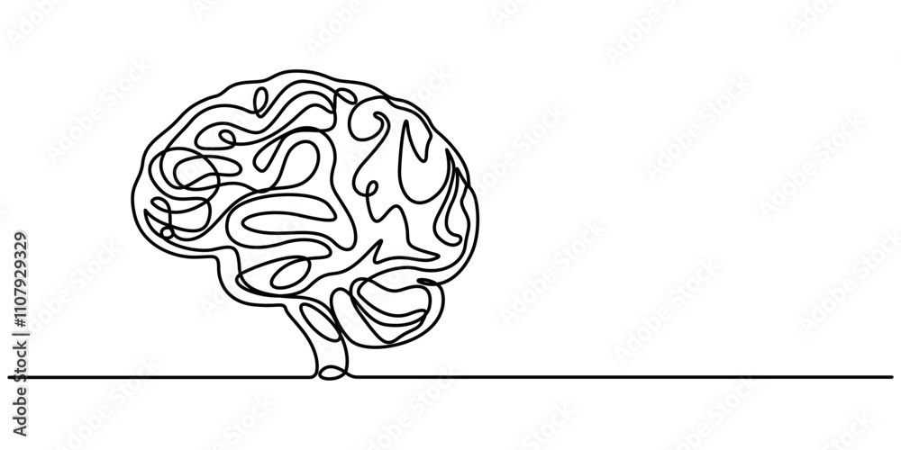 Poster continuous one line drawing of human brain hand drawn minimalism style isolated on white background,