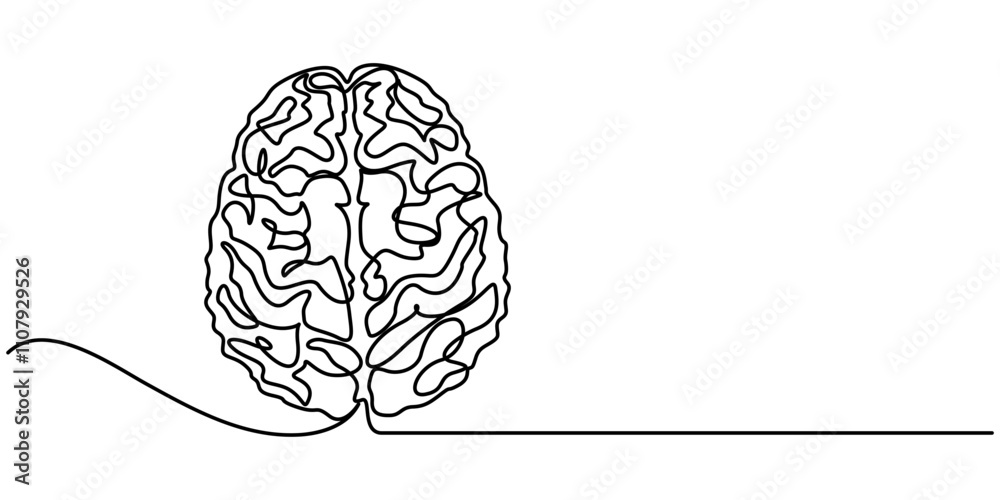 Poster continuous one line drawing of human brain hand drawn minimalism style isolated on white background,