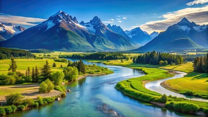 Obraz premium Calm Scenery with Stunning Mountains and a Flowing River Through Verdant Fields Under a Clear Blue Sky on a Sunny and Bright Day