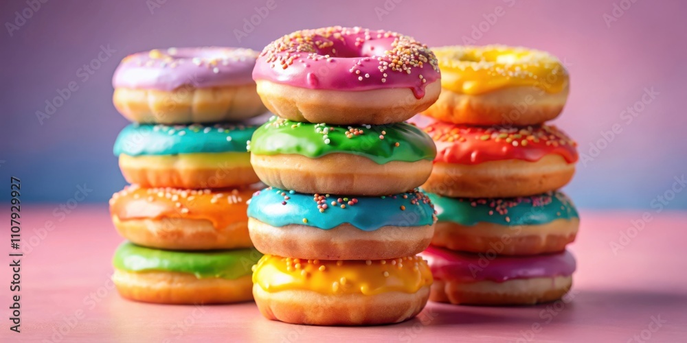 Poster a colorful tower of donuts with sprinkles, showcasing an array of bright and sugary treats