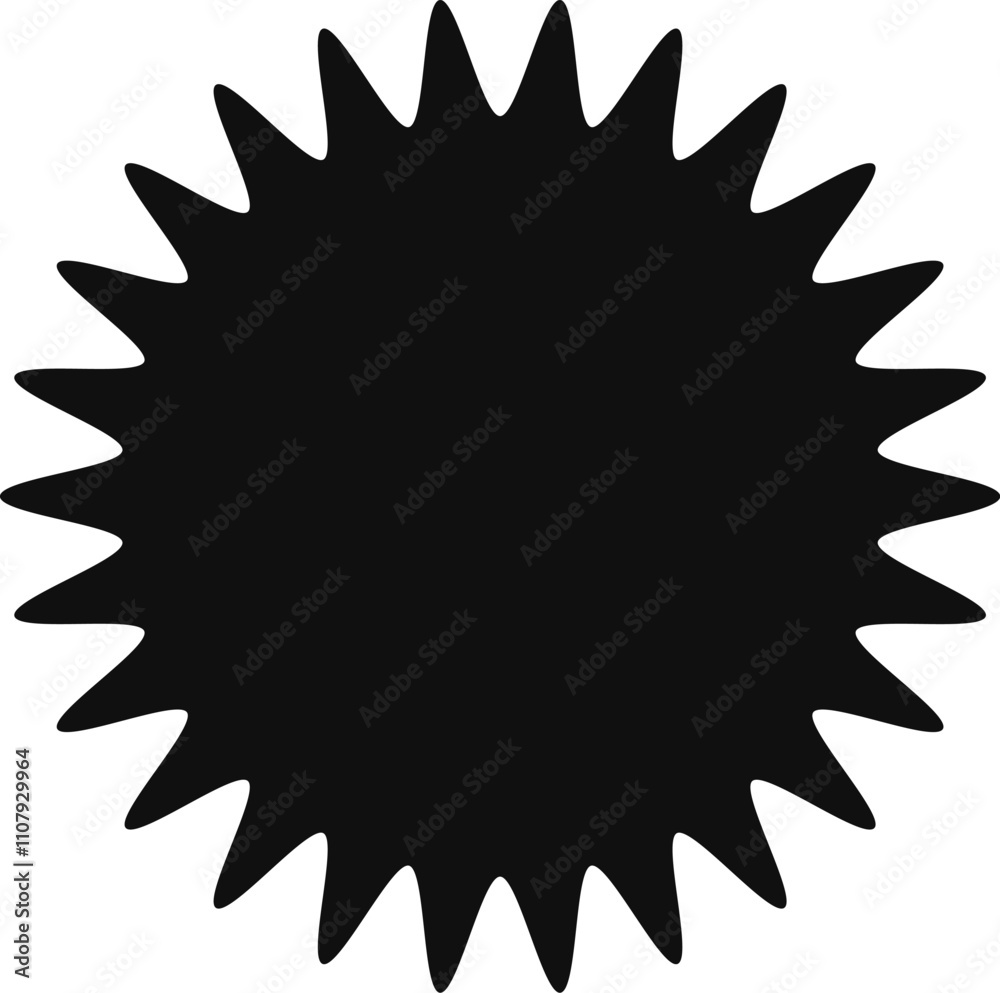 Poster the stark black sunburst shape features numerous sharp triangles emanating from its center, creating