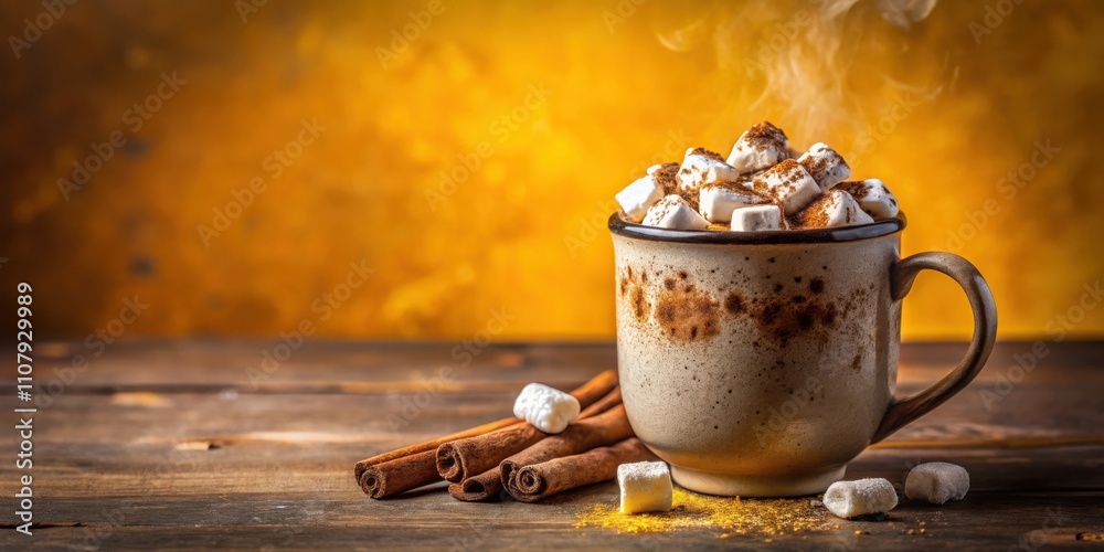 Poster A steaming mug of hot cocoa topped with fluffy marshmallows and sprinkled with cinnamon, sitting on a rustic wooden table with cinnamon sticks