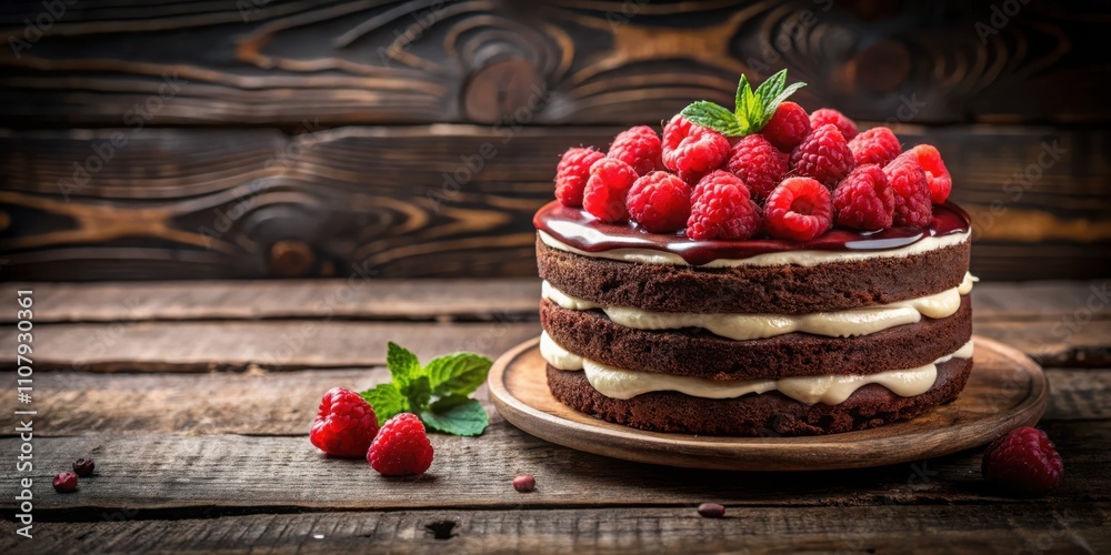Poster layered chocolate cake topped with fresh raspberries and a delicate mint garnish on a rustic wooden 