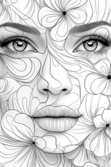 Fototapeta premium A captivating portrait of a woman intricately entwined with floral patterns, highlighting her features and creating an artistic composition