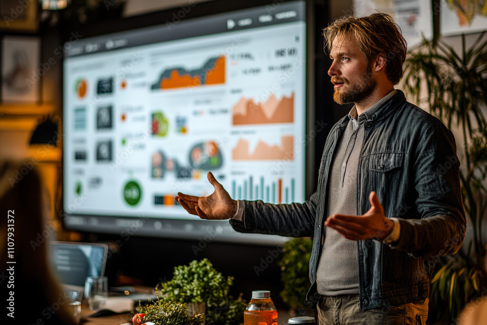 Poster a man delivers an engaging presentation in a contemporary office, highlighting data on a large scree
