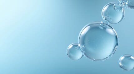 Group of transparent bubbles floating in the air against a light blue background. the bubbles are of different sizes and shapes, with some being larger and others smaller.
