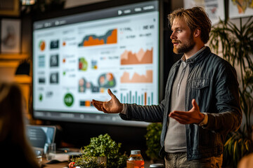 A man delivers an engaging presentation in a contemporary office, highlighting data on a large screen while the audience listens intently