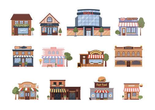 Various flat urban building icons set. Isolated municipal buildings, shops and restaurants. Mall, gift shop, bakery, boutique, pizza, fast food restaurant on white background. Vector illustrations.
