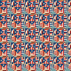 Obraz premium Patriotic Patchwork: A vibrant, repeating pattern of American flags in a geometric design. Perfect for Independence Day celebrations and patriotic projects. 
