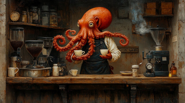 In a quirky cafe, an octopus wearing an apron skillfully holds two cups of coffee amidst coffee machines and jars, creating a unique atmosphere