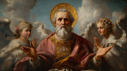 Fototapeta premium Saint Nicholas with Angels on a Cloudy Sky A heavenly scene of Saint Nicholas accompanied by angels