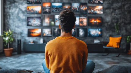Fototapeta premium watch online streaming video man searching video content on internet to watch online entertainment streaming online learning watch video and live concert listen to music shows or online lesson