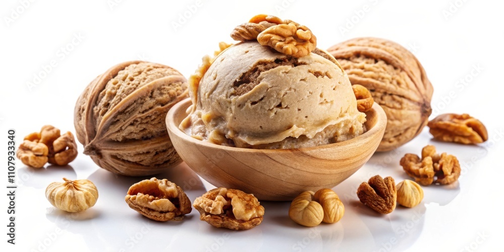 Aufkleber a scoop of creamy nut-flavored ice cream rests in a wooden bowl, surrounded by whole and broken waln