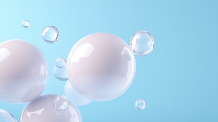 Group of transparent spheres floating in the air against a light blue background. the spheres are of different sizes and shapes, with some being larger and others smaller.
