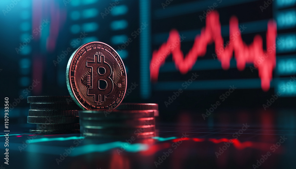 Poster Bitcoin coin placed on top of stacks with a fluctuating market chart in the background during a trading session