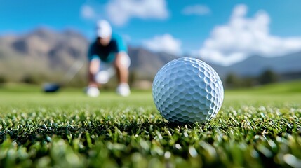 Closeup view of a golf ball resting on a tee with a golfer in the background preparing to take their swing