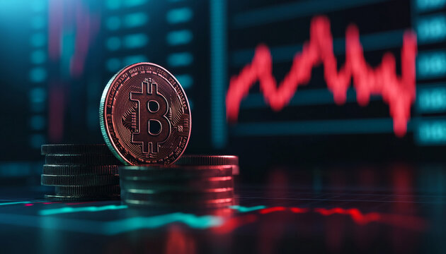 Bitcoin coin placed on top of stacks with a fluctuating market chart in the background during a trading session
