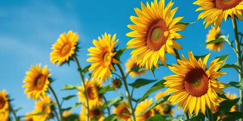 Obraz premium Vibrant sunflower garden in full bloom with blue sky background, colorful