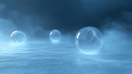 Three transparent spheres floating on a body of water. the spheres are of different sizes and shapes, with the largest one in the center and two smaller ones on either side.