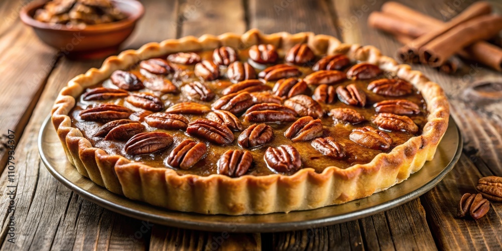 Aufkleber A golden pecan pie with a flaky crust, glistening with a rich caramel sauce and topped with a generous layer of pecans, rests on a rustic wooden table, inviting you to take a bite.
