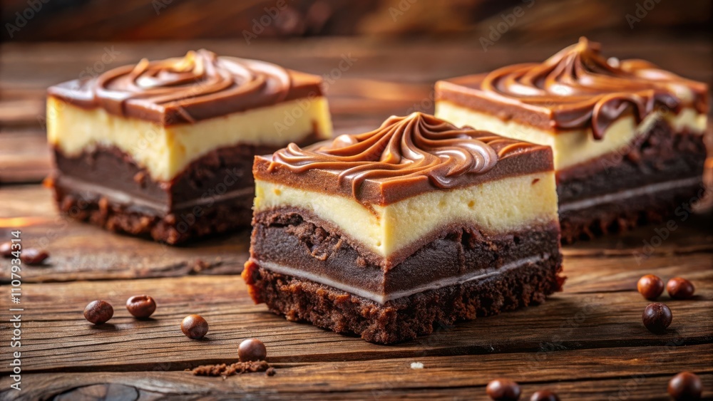 Poster Layers of Chocolate and Vanilla Cake with Swirled Chocolate Topping on Rustic Wooden Background