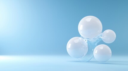 Group of five white spheres floating on a light blue background. the spheres are spherical in shape and appear to be made of a transparent material.