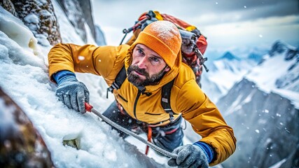 An up-close view of a resolute mountain climber in perilous circumstances.