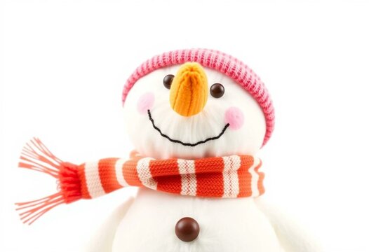 A snowman plush toy with a carrot nose and scarf. isolated on white background