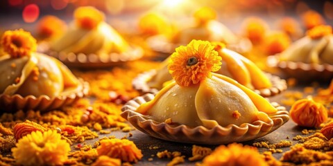 Obraz premium Golden Pastry Delights Adorned with Vibrant Floral Accents Resting on a Bed of Spiced Crumbs