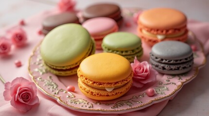  A colorful array of macarons on a fancy 
