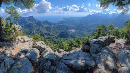 Obraz premium A panoramic view of a lush, mountainous landscape overlooking the sea under a bright sky.