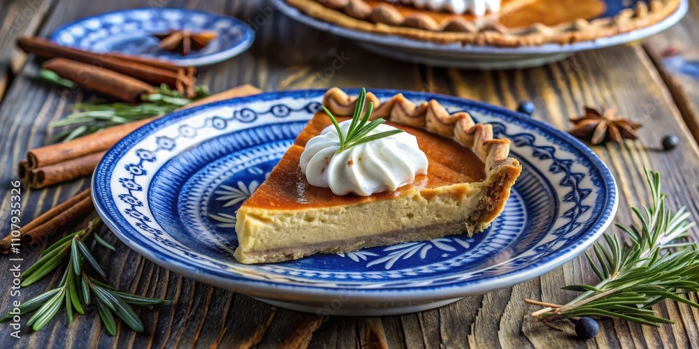 Poster a slice of pumpkin pie topped with whipped cream and a sprig of rosemary, resting on a blue and whit