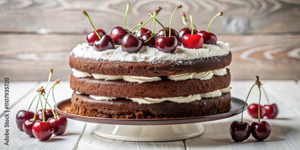 Poster a three-tiered chocolate cake with a layer of white whipped cream and topped with fresh cherries, du