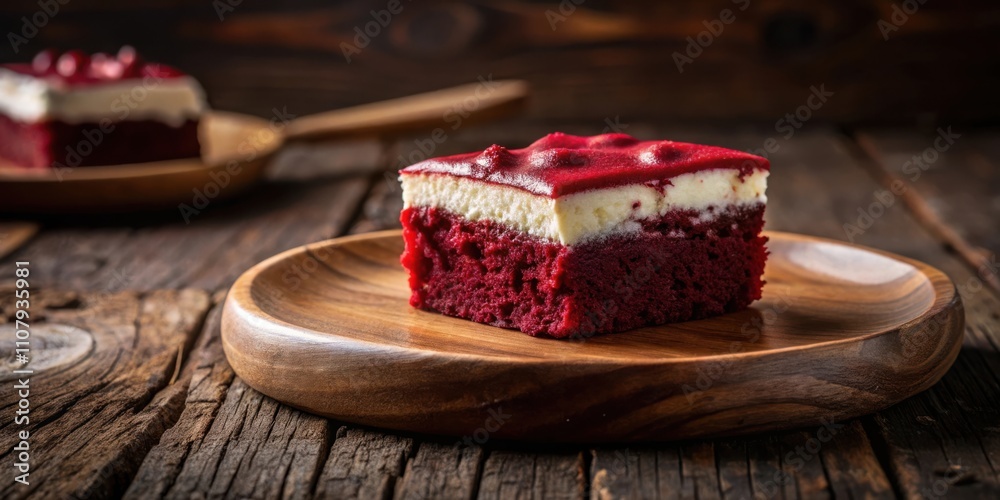 Fototapete a single piece of red velvet cake with a layer of white frosting and a glossy red glaze on top sits 