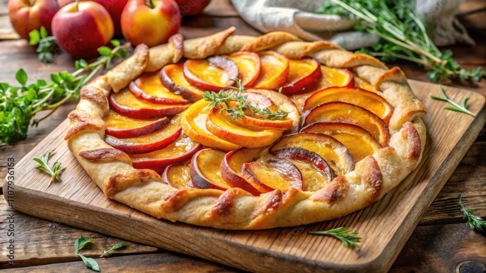 Poster a rustic peach tart with a golden crust and delicate sprigs of thyme on a wooden cutting board