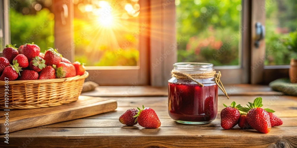 Poster a jar of homemade strawberry jam sits on a rustic wooden table beside a basket overflowing with ripe