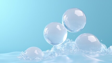 Three transparent spheres floating on top of a body of water. the spheres are of different sizes and shapes, with the largest one in the center and two smaller ones on either side.