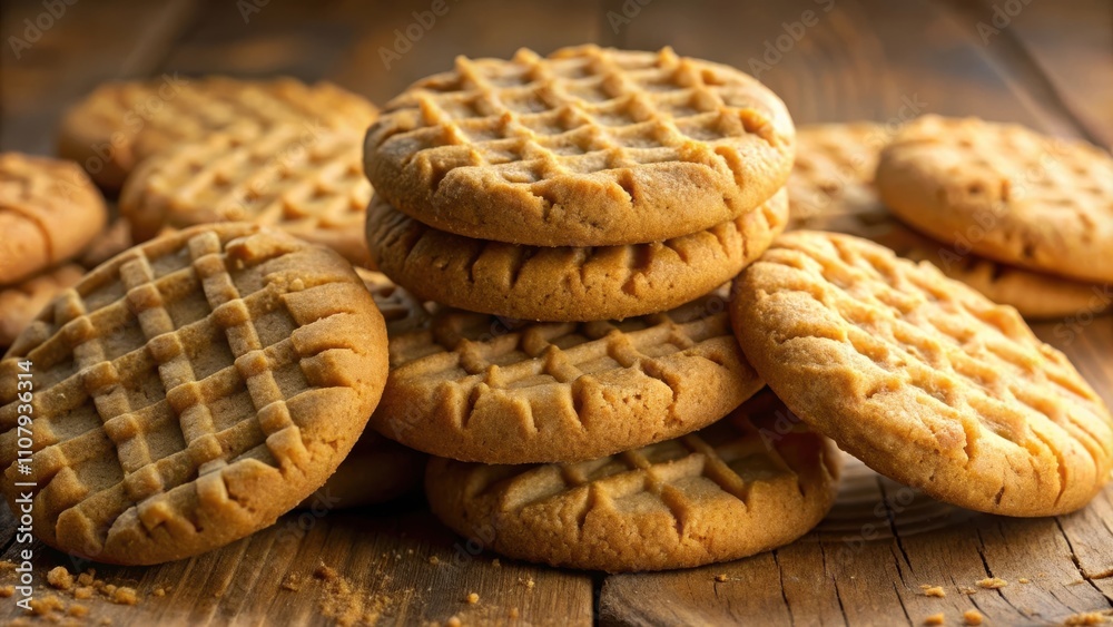Poster golden brown peanut butter cookies arranged on a rustic wooden table, ready to be enjoyed