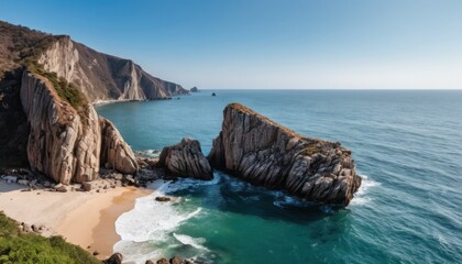 Obraz premium Dramatic coastal scenery with rugged cliffs, a secluded beach, and turquoise water.