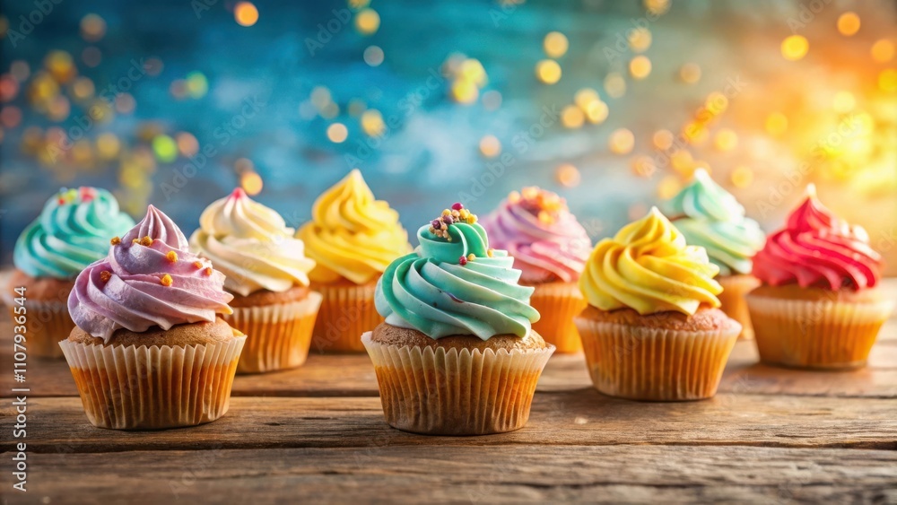 Poster a row of brightly frosted cupcakes on a rustic wooden table with a bokeh background, perfect for cel