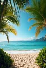 Fototapeta premium A breathtaking view of a serene beach unfolds through a natural frame of lush palm leaves, inviting you to step into paradise. The golden sand glistens under the sun, while gentle waves kiss the shore