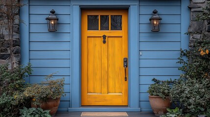 Obraz premium yellow front entry door of a house in utah house exterior with gray wood vinyl and stone siding and a porch with wall lamp near the windo