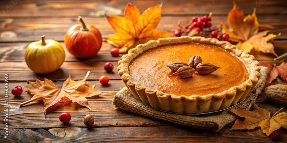 Poster a rustic thanksgiving table setting featuring a golden pumpkin pie surrounded by autumn leaves and p